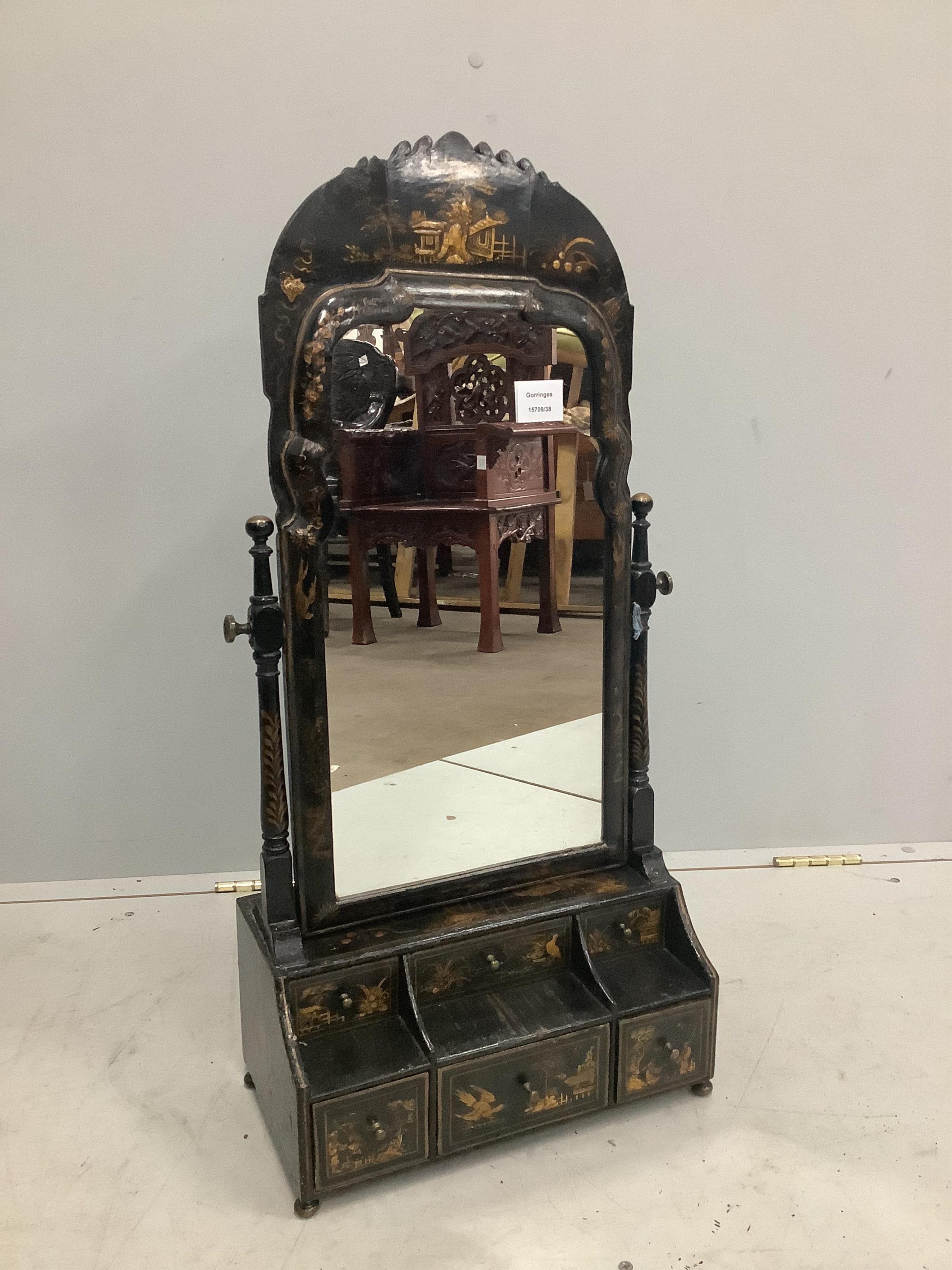 A Queen Anne chinoiserie japanned pine toilet mirror, with six drawer base, width 36cm, height 78cm. Purchased from The Antique Home, Kensington Church St., London, 10th September 1969 for £165. Condition - fair to good